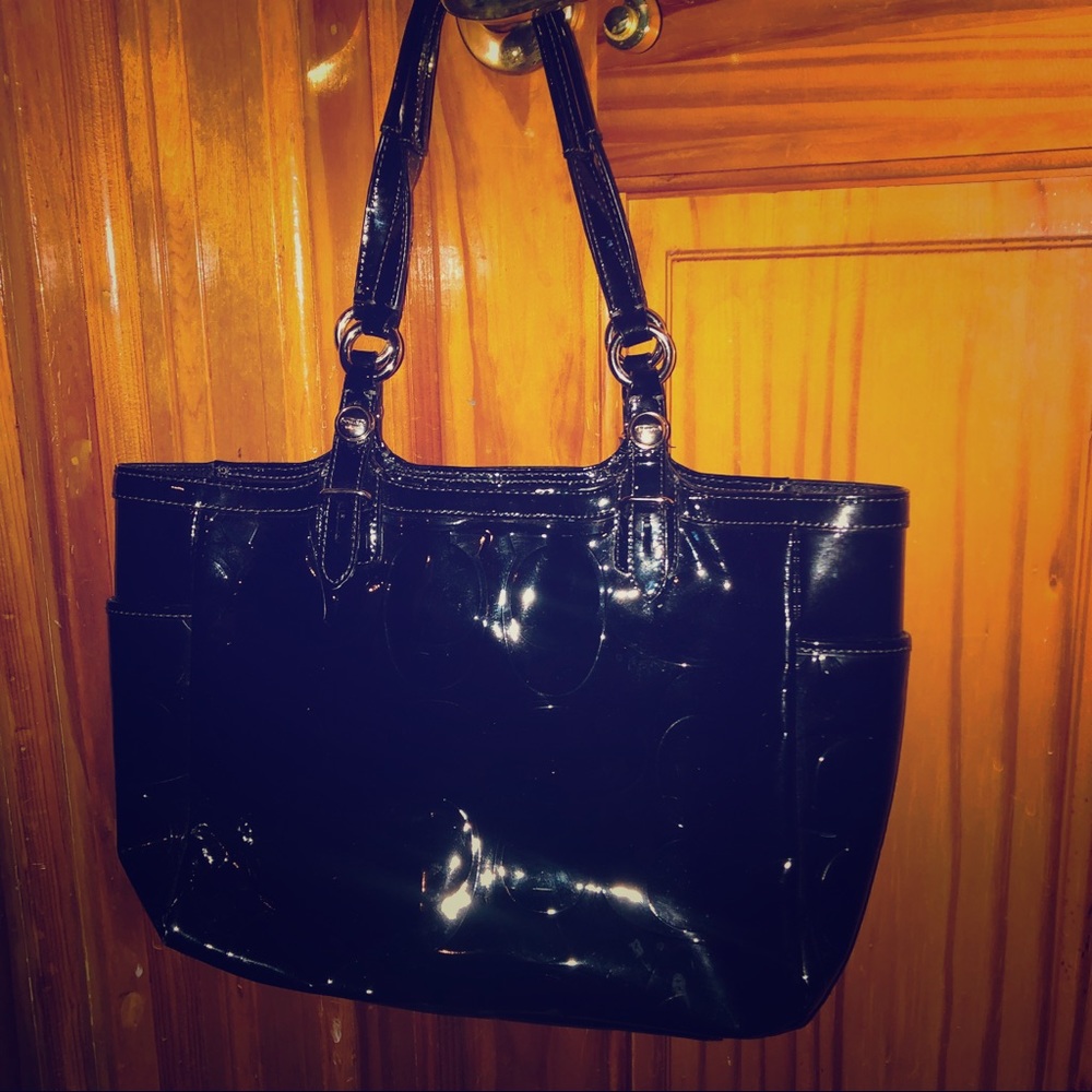 Coach, black patent leather tote